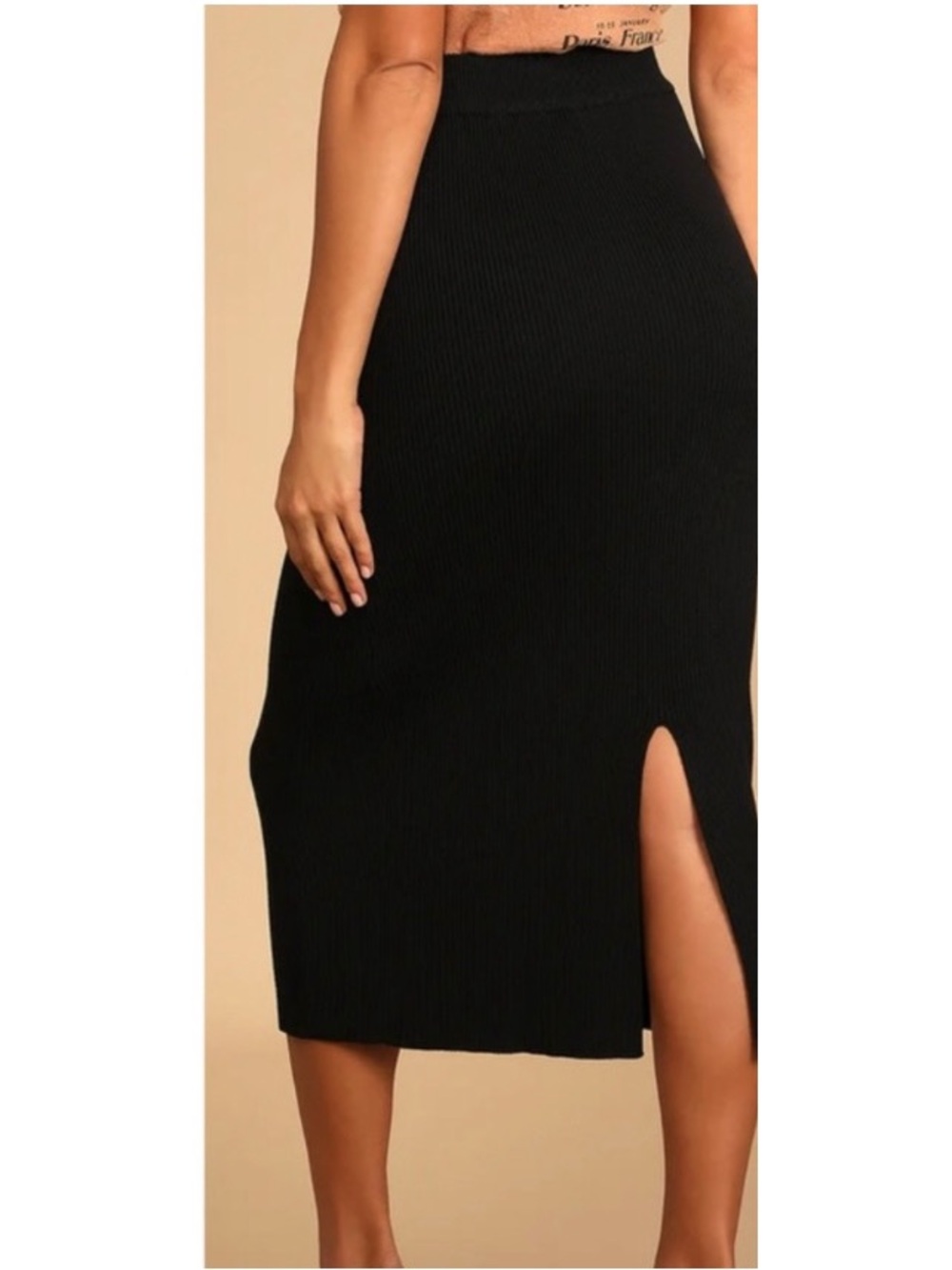 Commense Black Knit Sweater Midi Skirt XL Slit Ribbed